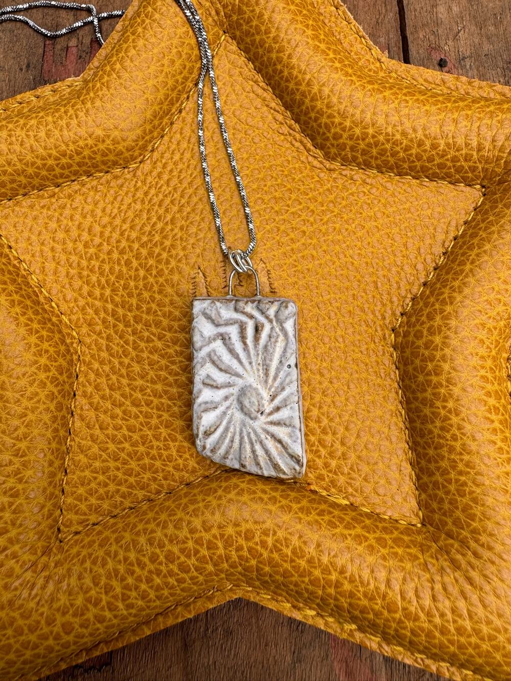 Kiln Fired Off White Pendant Necklace Handcrafted Ceramic Sunburst Jewelry